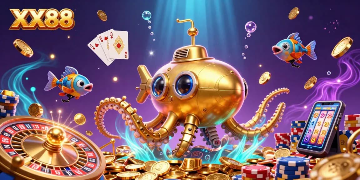 Engage with the vibrant world of XX88, showcasing enchanting underwater elements and a stunning golden kraken submarine amidst cascading coins and gems.
