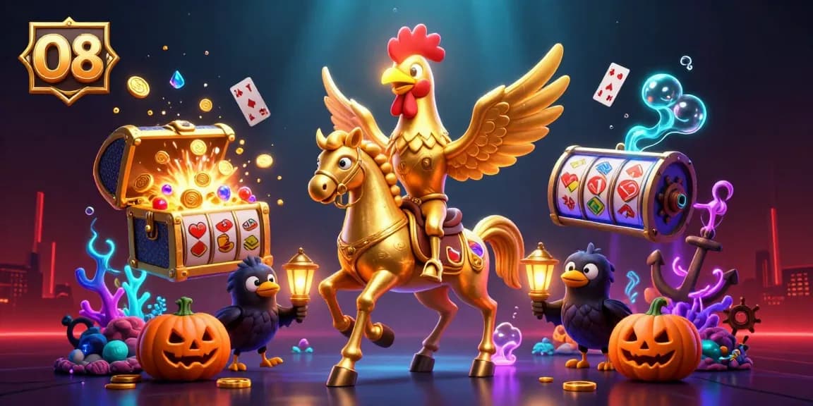 Experience the vibrant thrill of O8's online casino world with a vibrant 3D illustration.