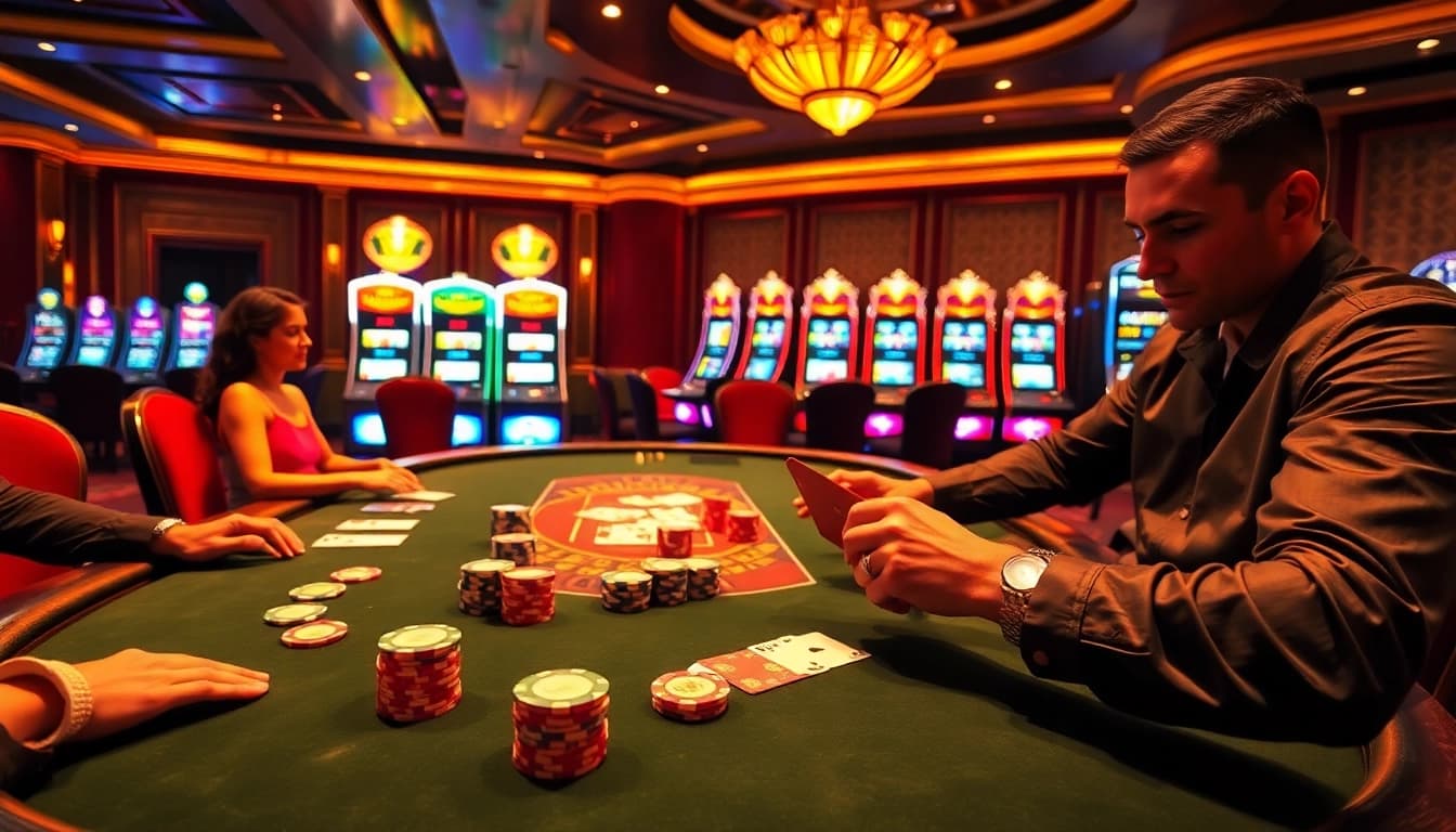 Exciting gaming action at an 8XX casino table with colorful chips and cards.