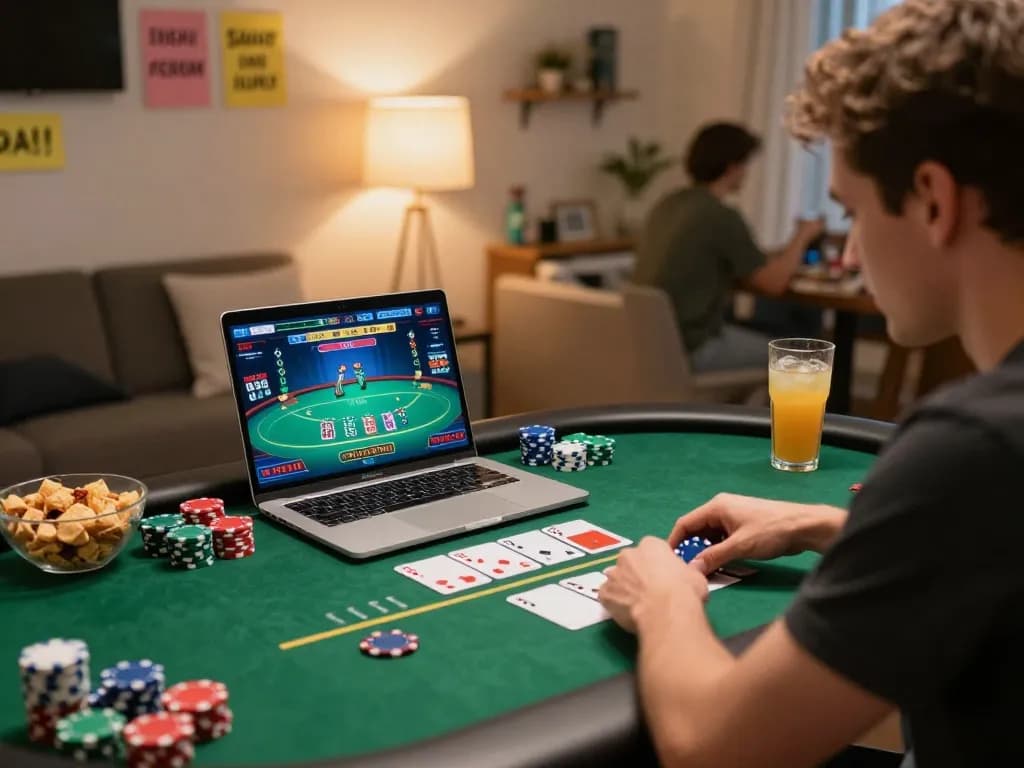 Player enjoying live dealer poker game on laptop at home, showcasing KO66 gaming experience and strategic gameplay.
