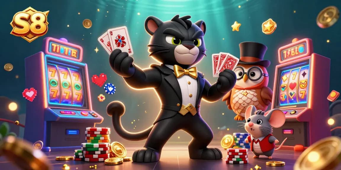 S8 showcases an elegant 3D cartoon illustration of a stylish panther dealing cards in a vibrant casino scene.