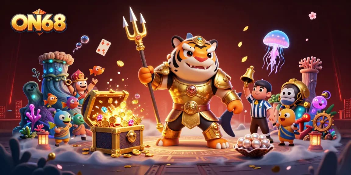 Experience the thrill of ON68 with a dynamic underwater casino scene featuring a gladiator shark.