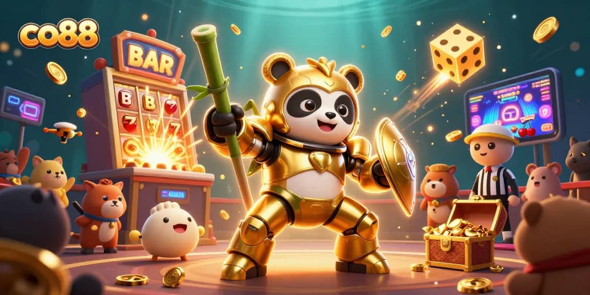 Experience the excitement of co88 with a vibrant slot machine explosion and dynamic characters.