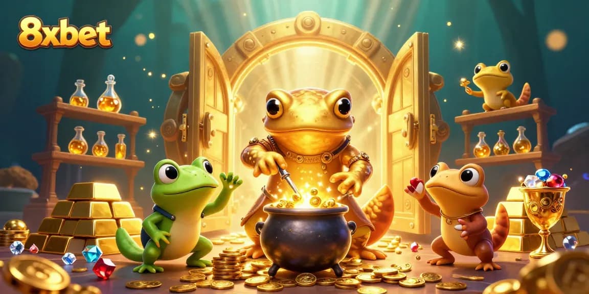 Experience the magical world of 8xbet with a golden salamander alchemist and treasures galore.
