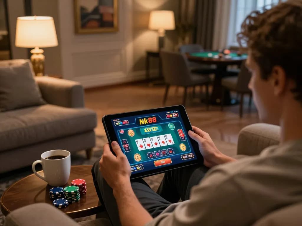 Player enjoying online Nk88 games on a tablet, surrounded by ambiance and gaming elements.