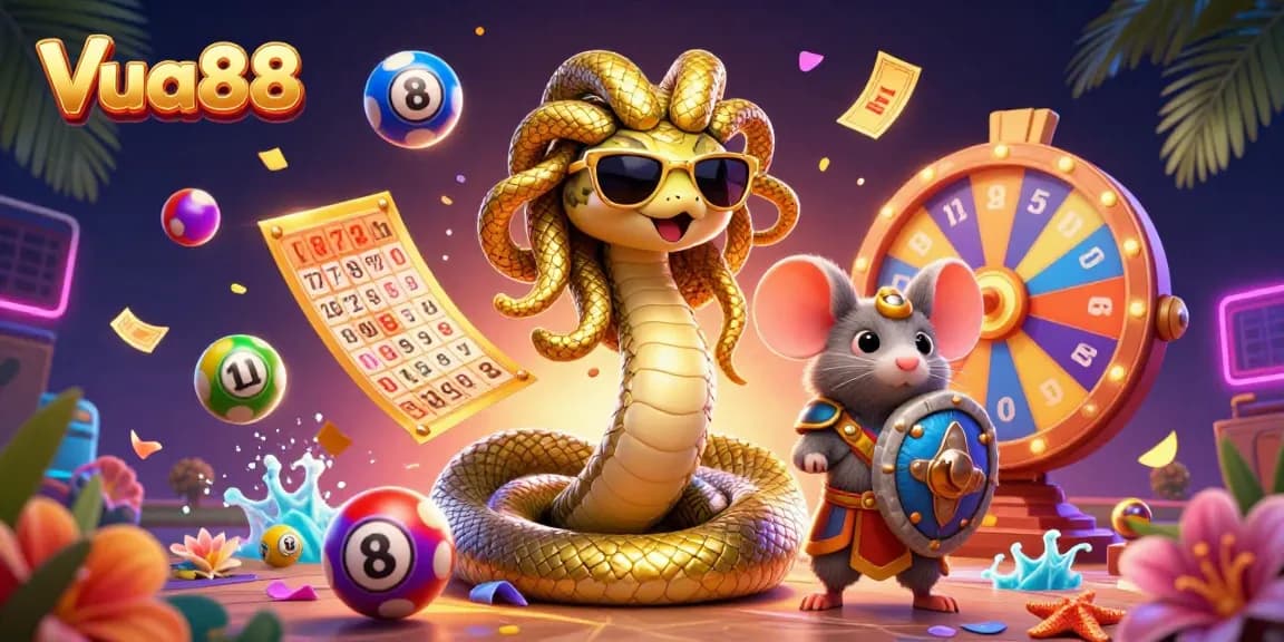 Experience vibrant gaming dynamics with Vua88's lively 3D illustration featuring a friendly Medusa and exciting lottery elements.