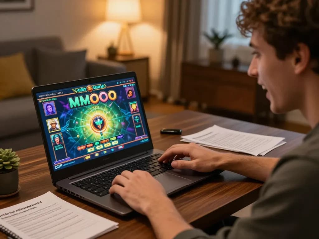 Player enjoying MMOO online casino game at home with vibrant graphics and strategic notes