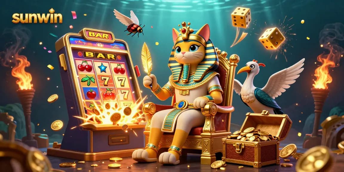 Play with sunwin in a vibrant casino scene featuring Egyptian characters and jackpot elements.