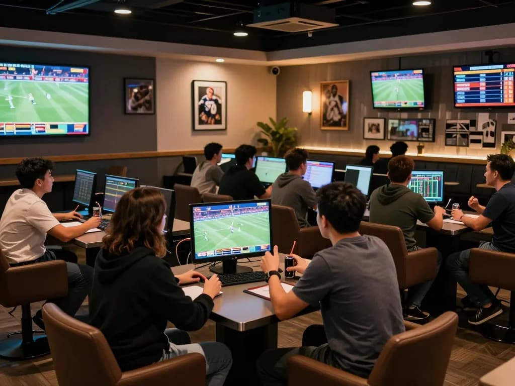 Exciting sports betting scene with patrons engaged in placing bets at a trang cá độ bóng đá lounge, showcasing vibrant atmosphere.
