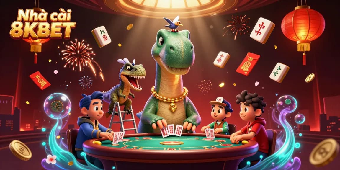 Engage with Nhà cái 8KBET in a vibrant casino scene filled with animated characters and game elements.