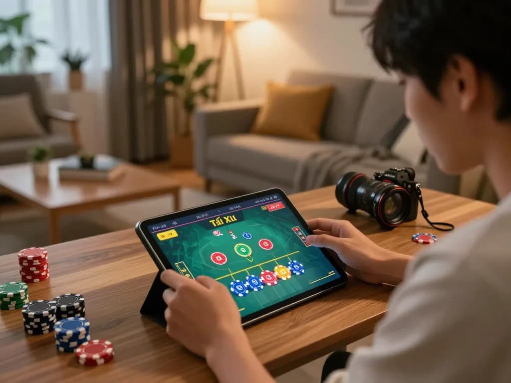 Player engaging in Tài Xỉu online gaming with chips on tablet, showcasing intense focus and strategic betting