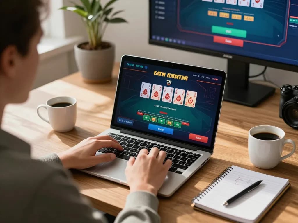 Player engaging in dash88 online blackjack on laptop, showcasing strategic betting decisions in cozy atmosphere.