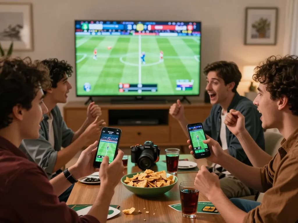 Dynamic sports betting scene highlighting tỷ lệ kèo nhà cái on a smartphone amidst excitement and strategy discussions.