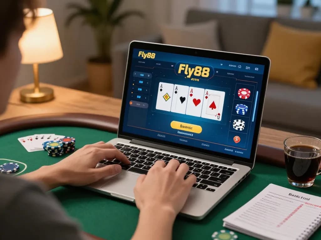 Engaging in strategies on the fly88 casino app during a cozy online poker session at home