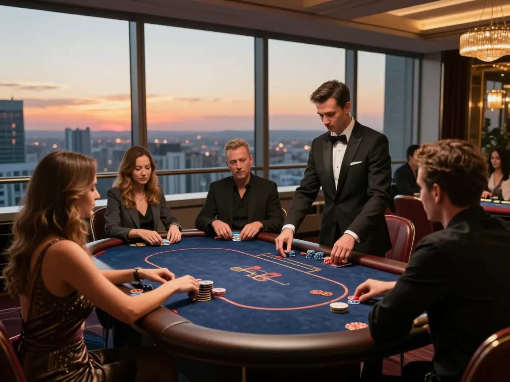 Players enjoying a strategic poker game at xx88's elegant casino, with city skyline backdrop.
