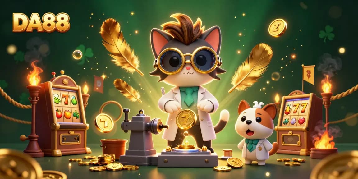 Spin the reels at DA88, where a playful scientist cat discovers gold coins in a dynamic casino scene.