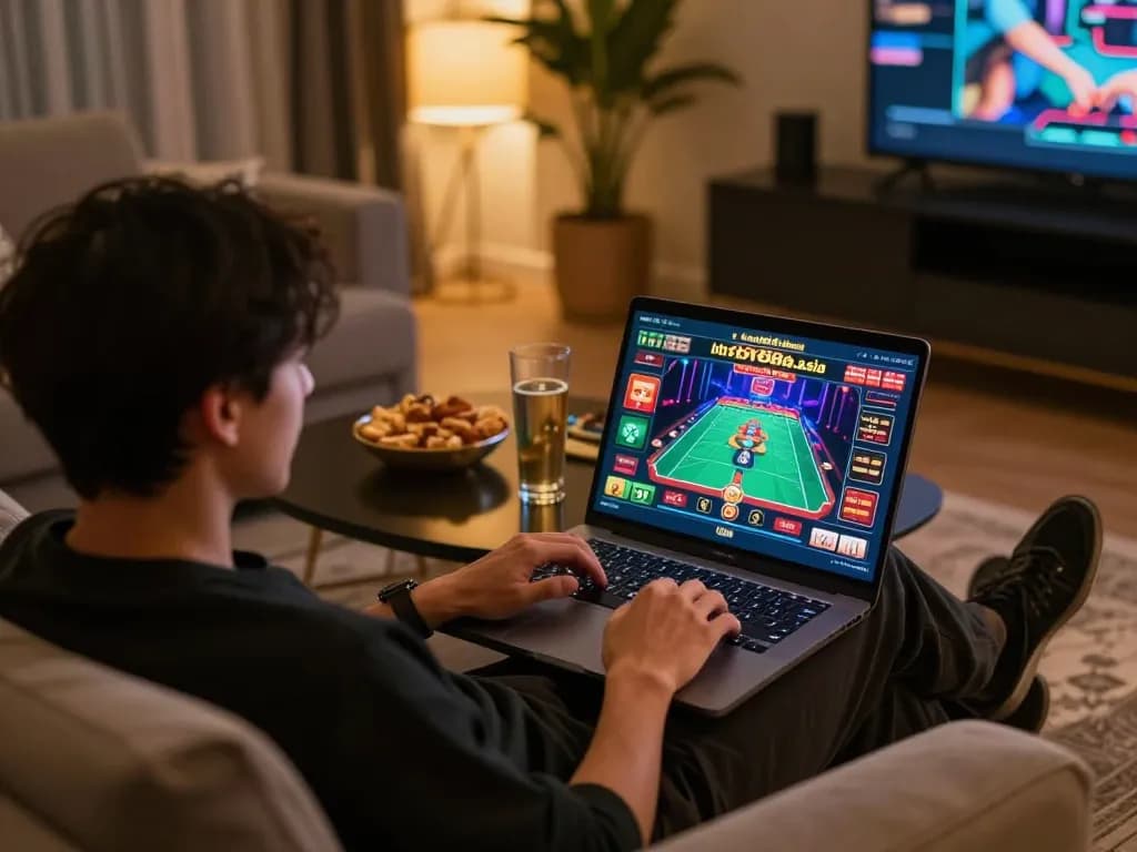 Engaging online gaming scene with a player using https://loto188b.asia/ to enjoy casino games in a cozy home environment.