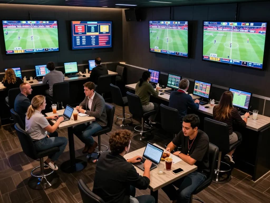 Engaged bettors analyzing odds at the hit club, lively sports betting lounge atmosphere with screens