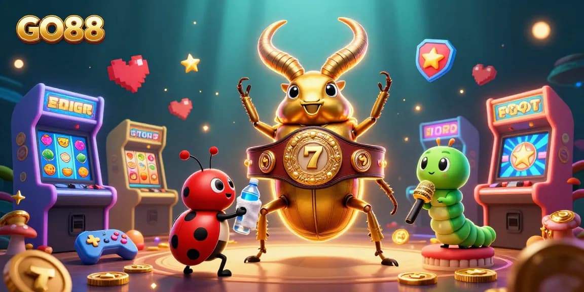 GO88 showcases a vibrant scene of gaming excitement featuring a golden stag beetle champion, ladybug helper, and caterpillar announcer amidst slot machines.