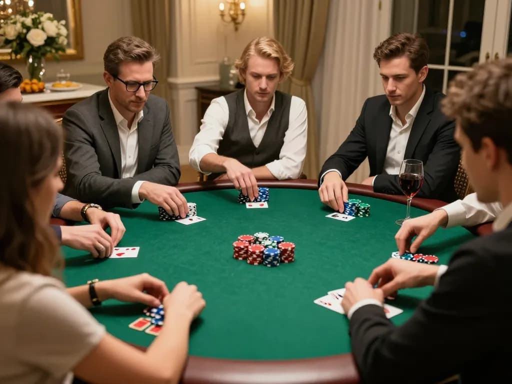 rr88 players engaging intensely in a private poker game with drinks, chips, and snacks in an elegant setting.