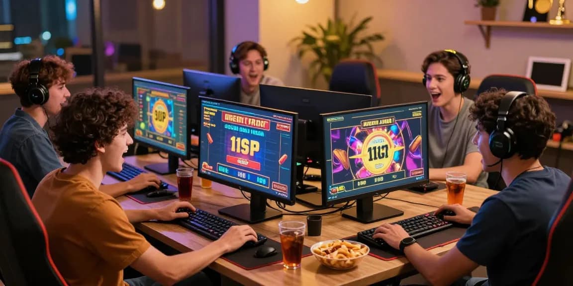 Friends enjoying games at uk credit card casinos with vibrant graphics and snacks.