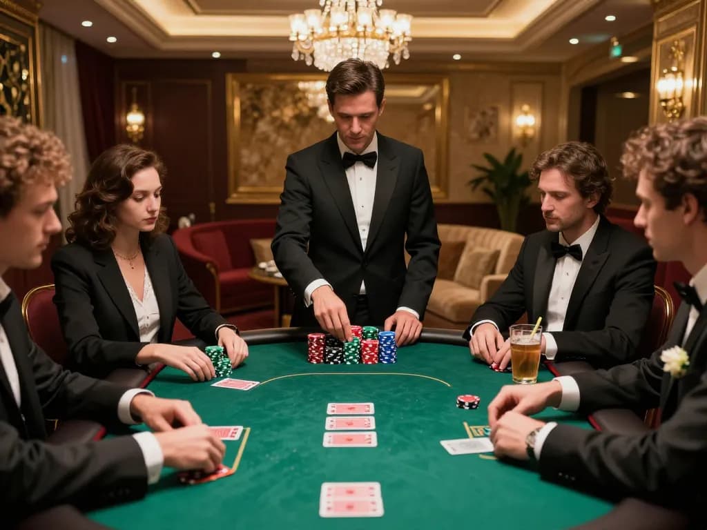 Players engaged in a high-stakes poker game at a luxury casino, capturing the essence of ok365 gambling.