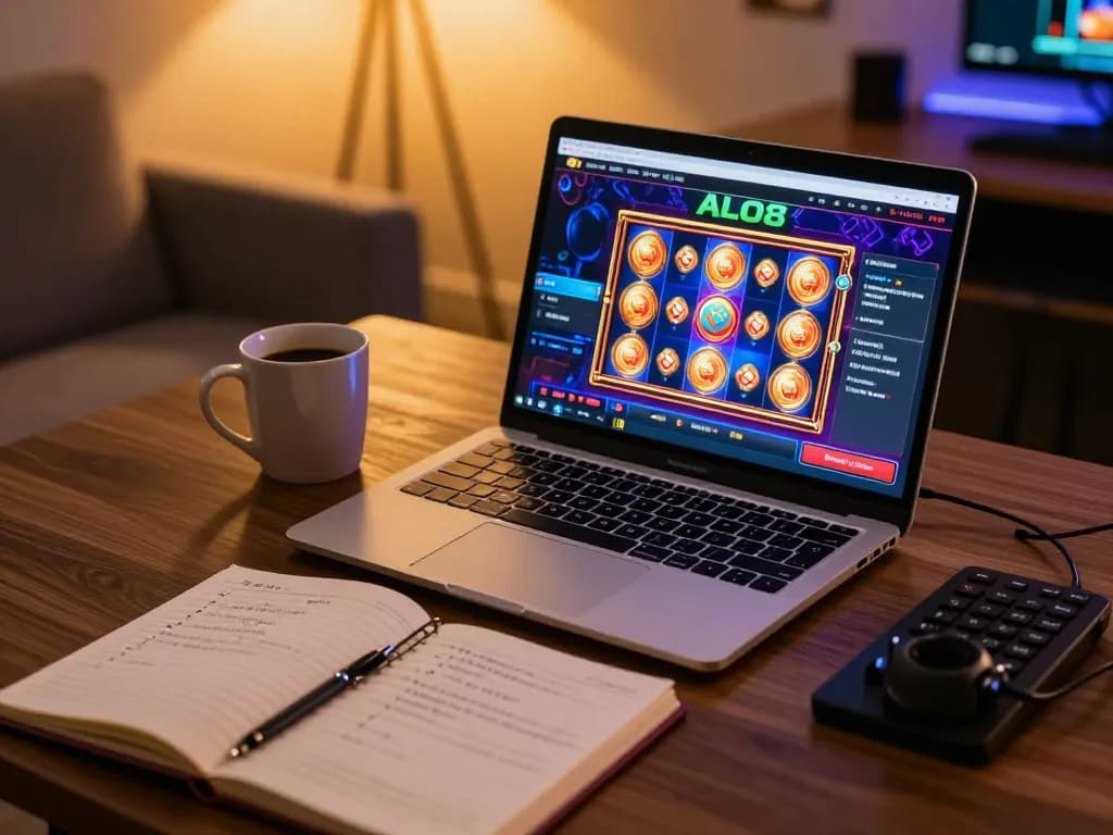 Player engaging with ALO8 online casino on laptop, illustrating strategic home gaming experience.