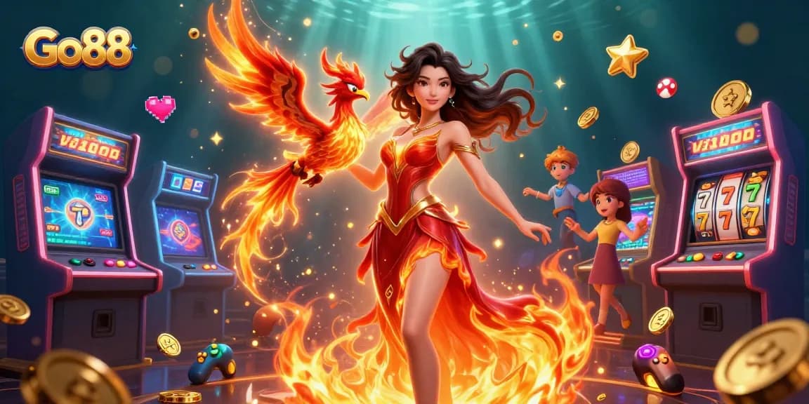 Experience thrilling games at Go88 with a stunning scene of exciting casino elements and vibrant characters.