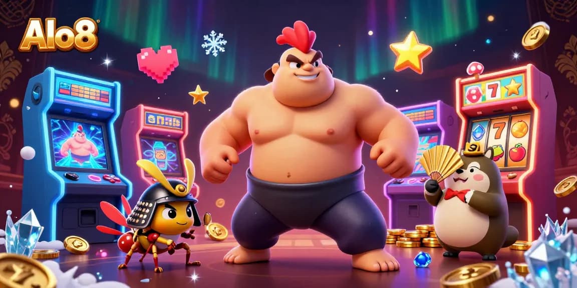 Alo8 showcases a dynamic casino scene with a powerful sumo wrestler rooster, a fierce cricket in samurai helmet, and a tanuki announcer.