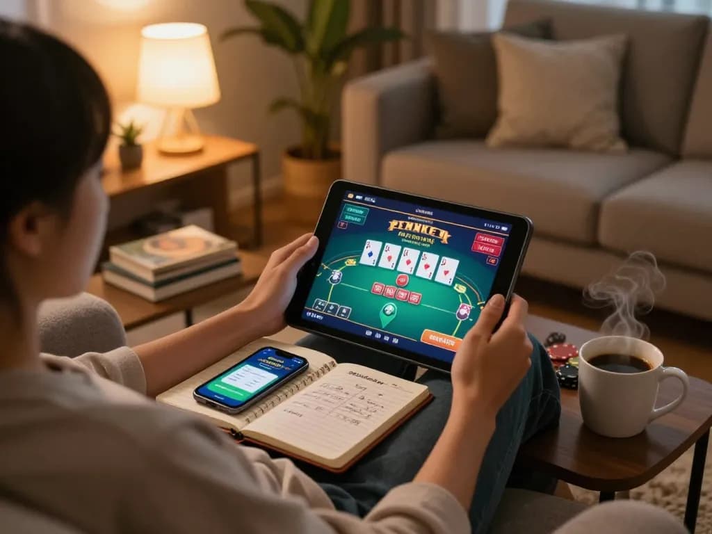 BAYVIP online gaming session showing vibrant poker game interface on tablet, relaxed home setting.