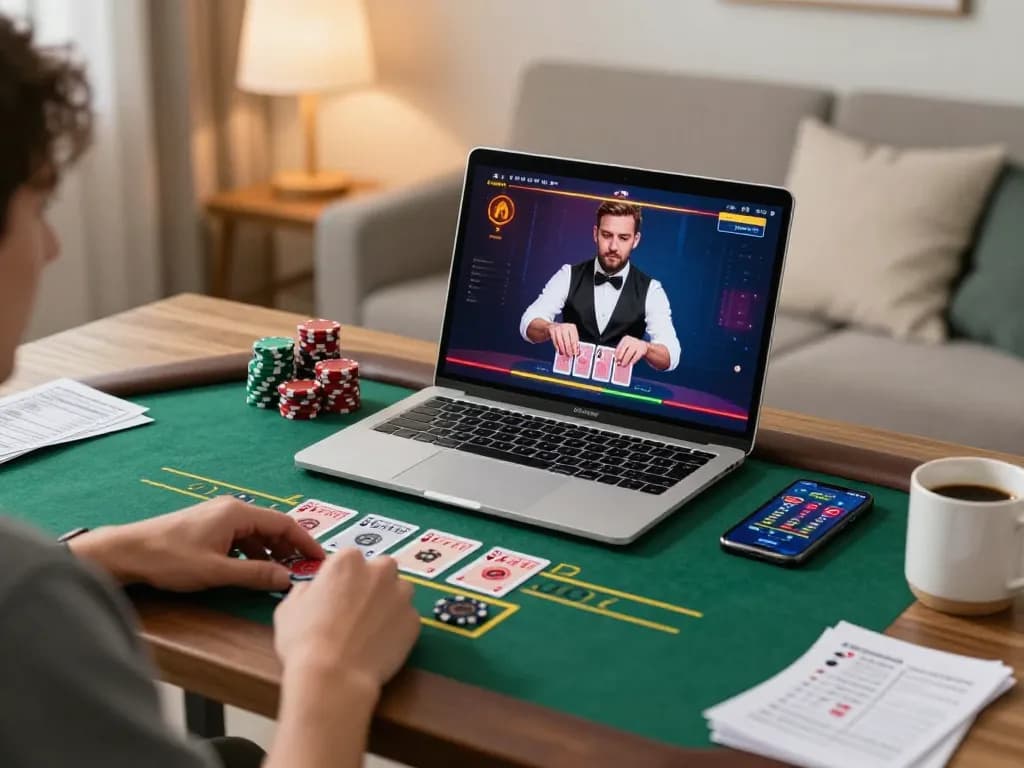 Player enjoying max88 blackjack online with live dealer on laptop at home, showcasing dynamic gameplay and strategy.