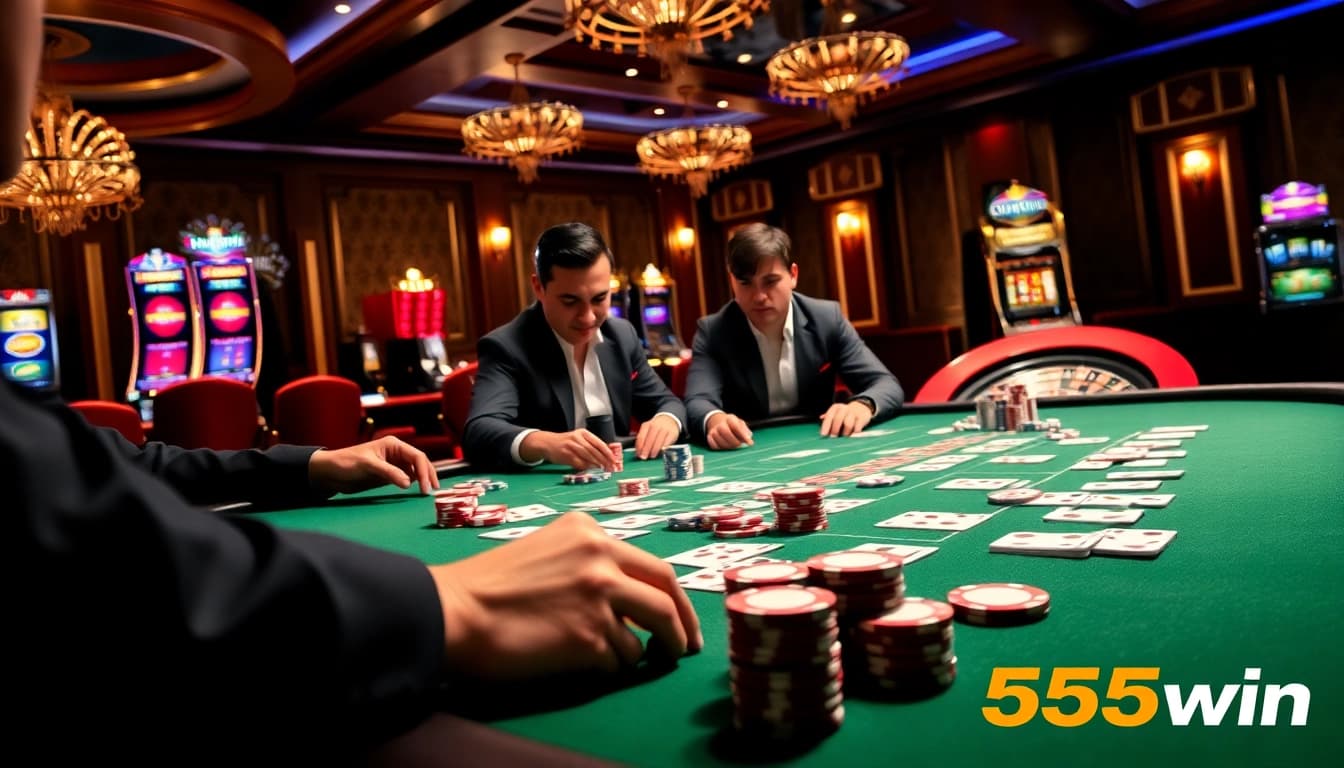 Engaging poker game scene at 555win casino with vibrant chips and cards.