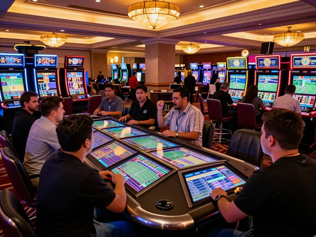 Cakhiatv users deeply engaged in sports betting at a lively Las Vegas casino table, showcasing real-time odds and excited players.