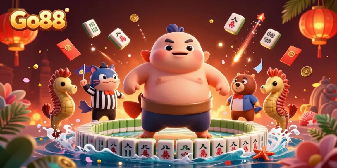 Go88 brings excitement with a fugu sumo match, surrounded by vibrant casino elements.