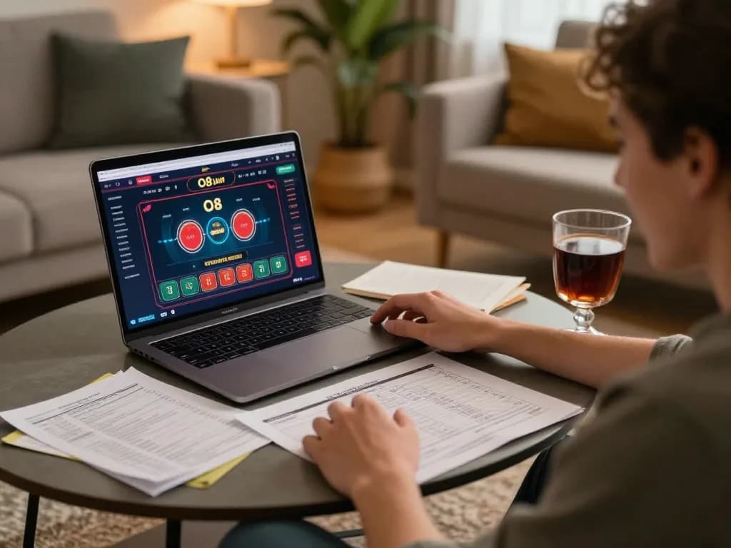 Player engaging with O8 online casino game on laptop, showcasing a cozy home gaming environment.
