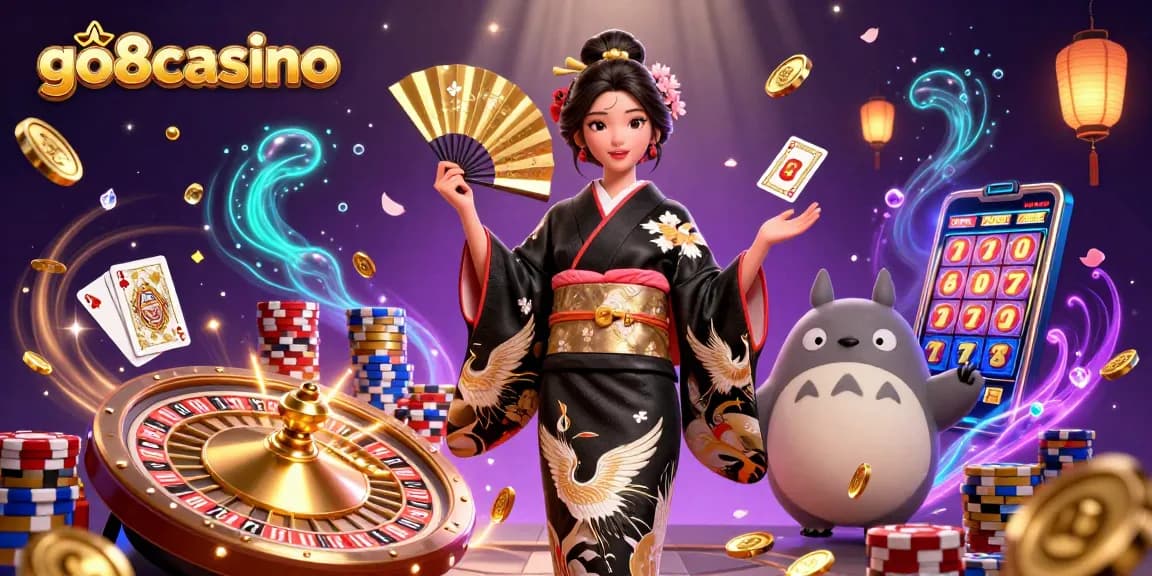 Experience thrilling gaming at go8casino with dynamic action and vibrant visuals in this 3D casino illustration.