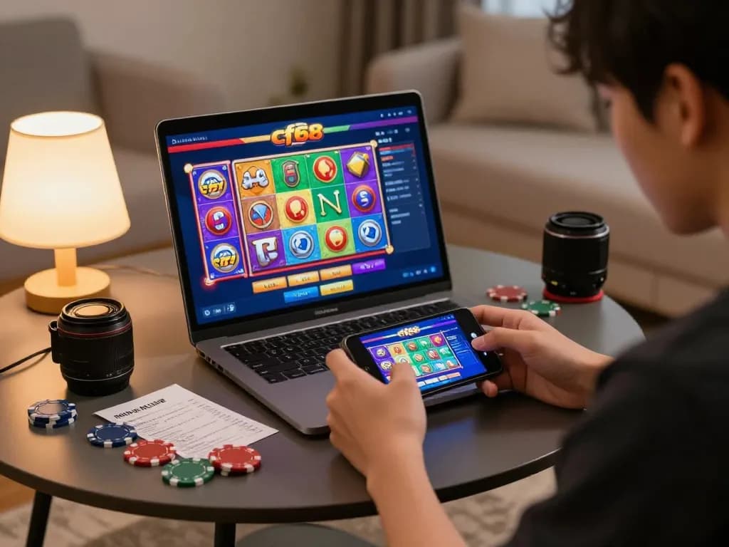 Player immersing in nhà cái cf68 casino gaming on smartphone, engaged in strategic betting.