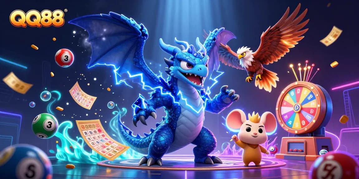 Engage with QQ88's thrilling gaming scene featuring dragon, hawk, mouse, and dynamic lottery elements.
