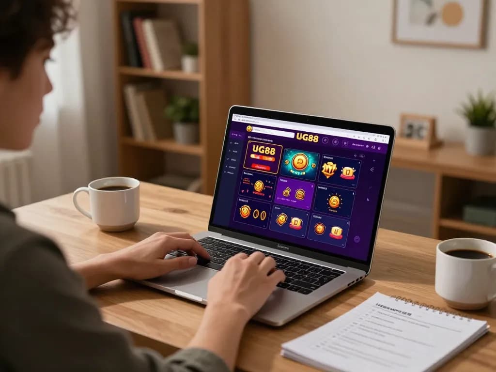 Engaging with UG88 online casino on laptop while enjoying a cozy home office setup