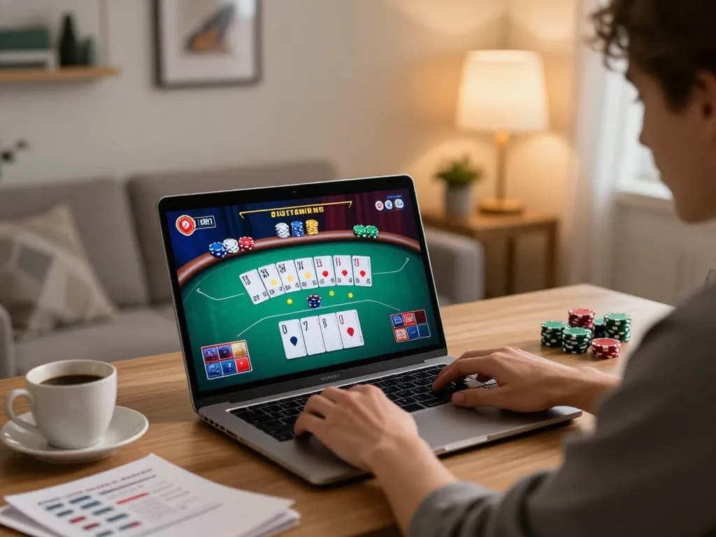 C188 online casino player engaged in strategic gameplay from home, focused on laptop screen.