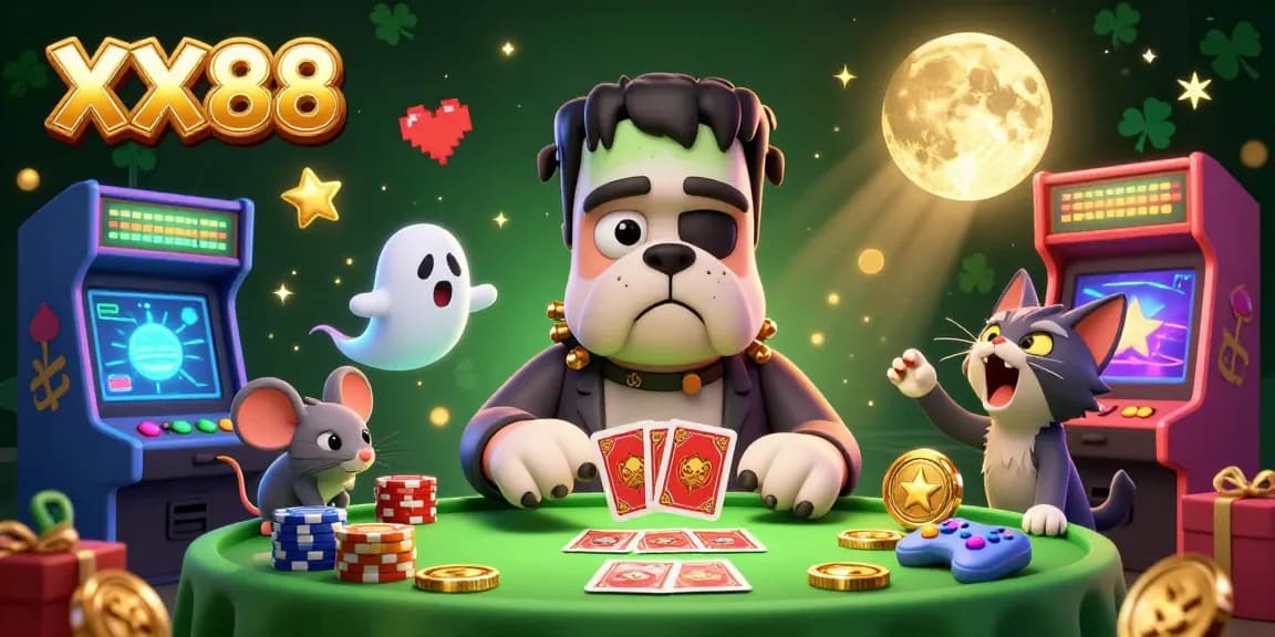 Engage in XX88's thrilling card games with a spooky casino scene featuring vibrant graphics and dynamic elements.
