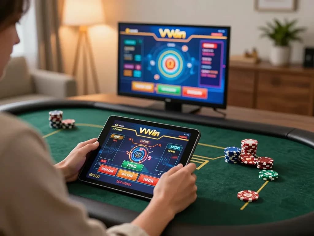 Experience dynamic gameplay at VVVwin casino with a tablet in a cozy setting