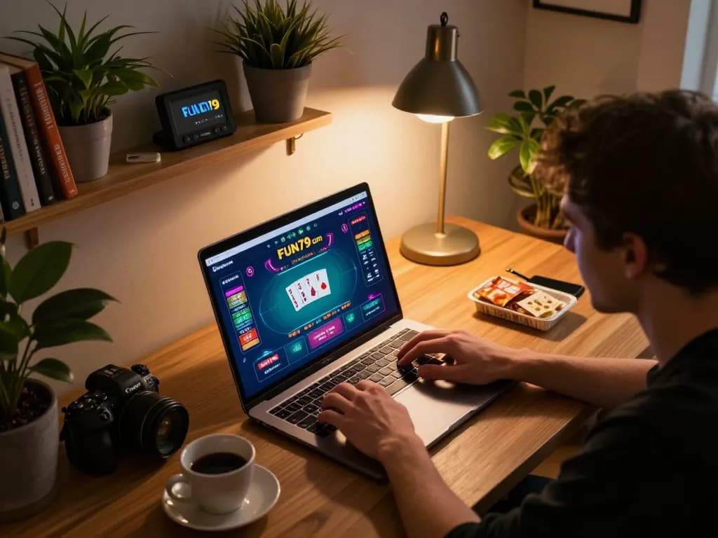 Engaged user playing poker on FUN79 com in cozy home setup with snacks and plants around