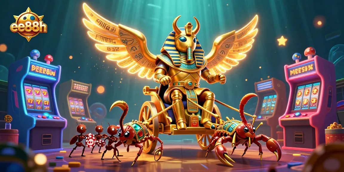 Join ee88h for an exhilarating gaming experience with a golden scarab at a vibrant casino and arcade.