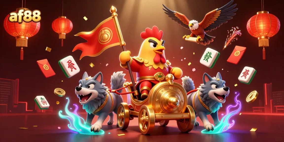 Win big at af88 with rich, dynamic casino-themed illustration featuring a rooster warlord.