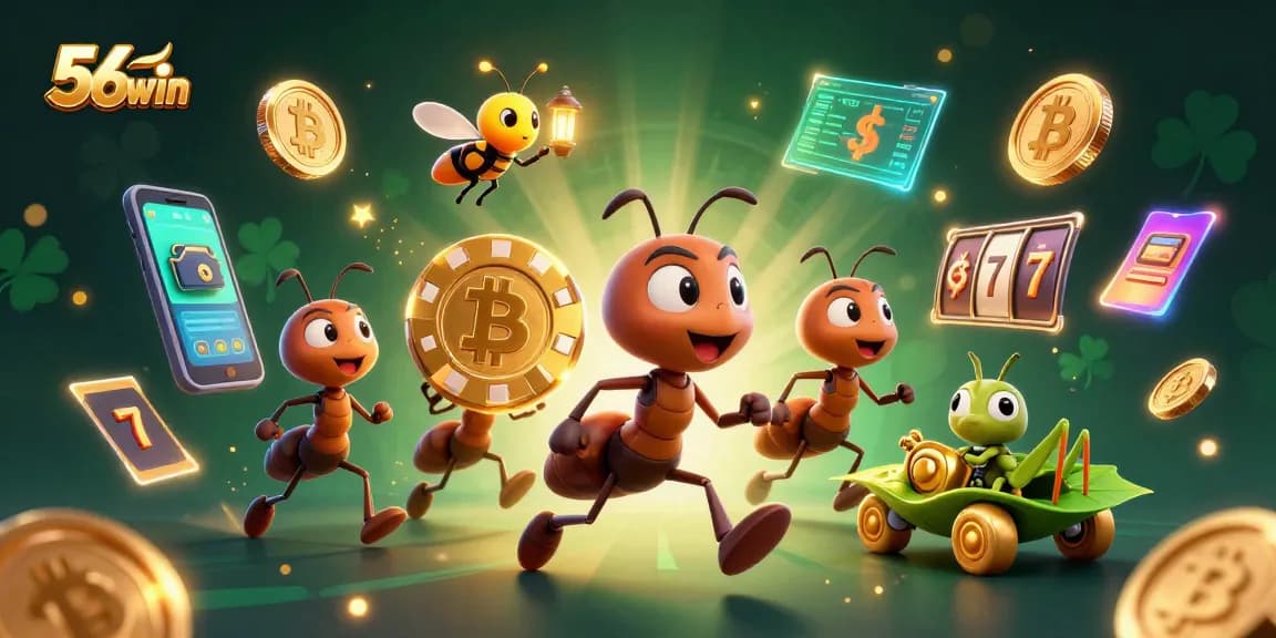 Join the 56win heist with giant poker chips and vibrant casino elements in a dynamic 3D scene.
