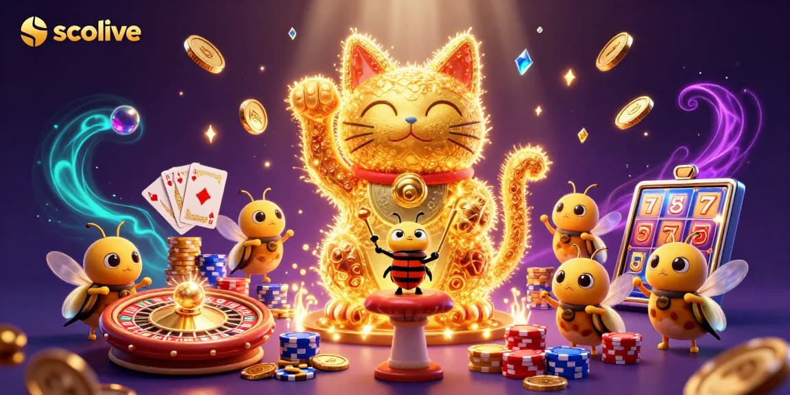 Experience the excitement of socolive with golden cat symbol, dynamic casino elements, and vibrant energy.