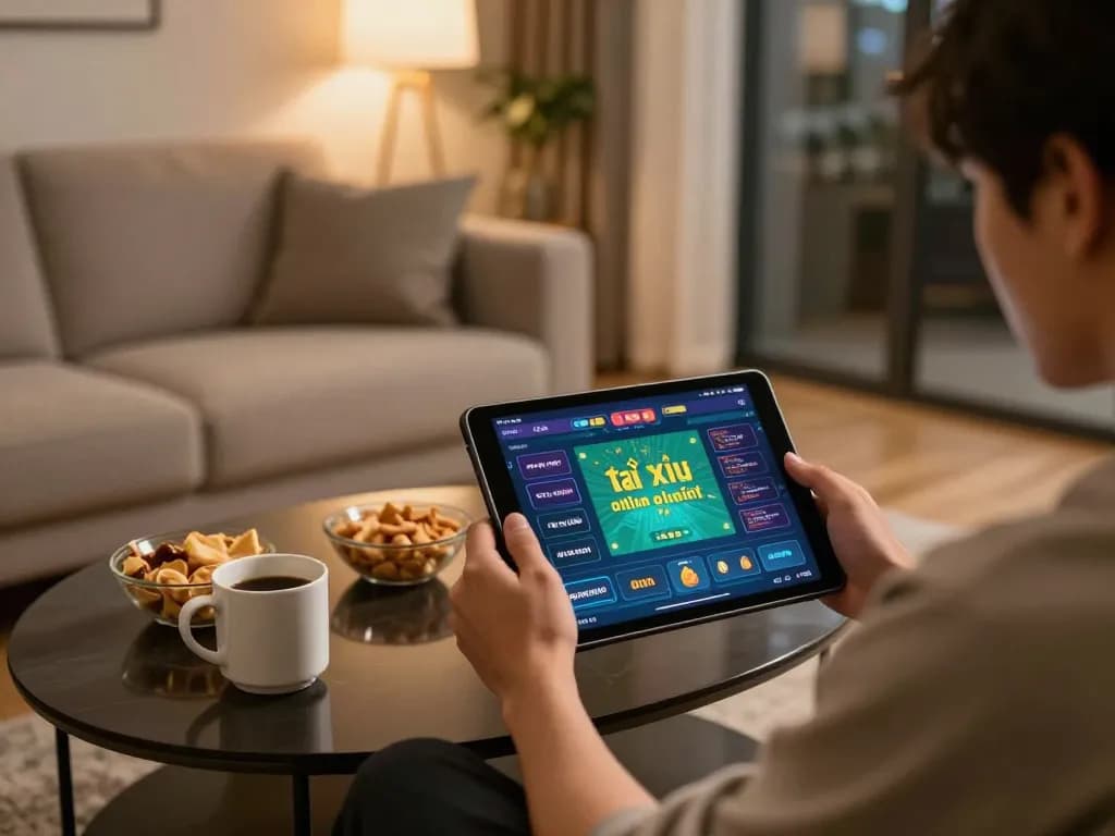 Engaging with the app tài xỉu online uy tín on a tablet, showcasing a dynamic online gambling experience in a cozy home setting.