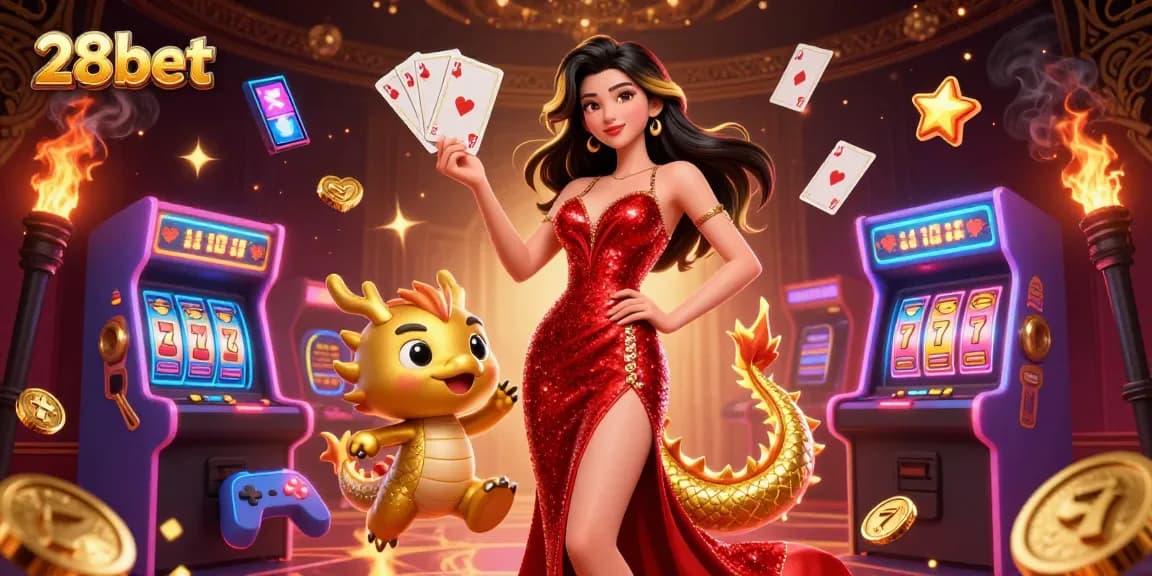 Engage in thrilling gameplay at 28bet with a stunning casino scene showcasing vibrant gaming elements.
