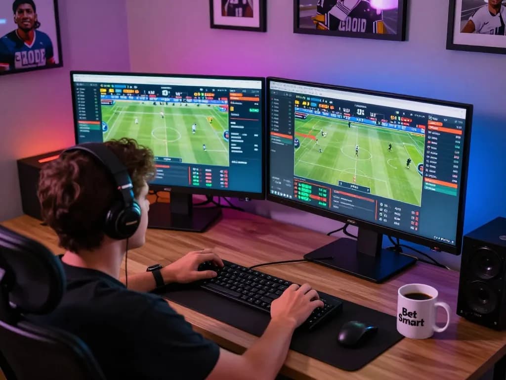 Engaged bettor analyzing stats and placing bets on five88so sports betting app, vibrant atmosphere.